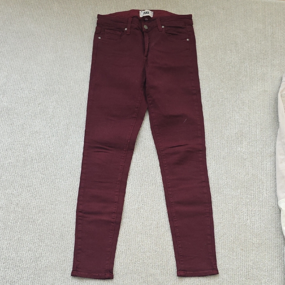 Paige High Rise Burgundy Skinny Jeans, Size 27